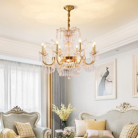 European Classical Design Living Room Decoration Pendant Light Led Crystal Brass Chandeliers