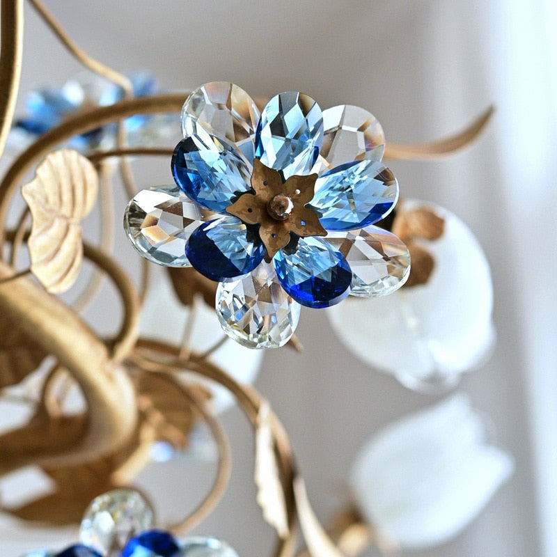 American Vintage Chandelier Lighting E14 Bulb Luxury Crystal Blue Farmhouse Ceiling Pendant Lamp