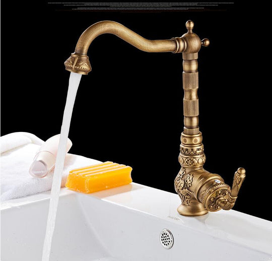 Kitchen Faucet Vintage Antique Hot Cold Rotating Bathroom Sink Carved Basin Mixer Tap Solid Brass