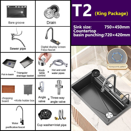 Kitchen Sink Large Single Slot Stainless Steel Waterfall Household Embossed Washing Basin Utensils