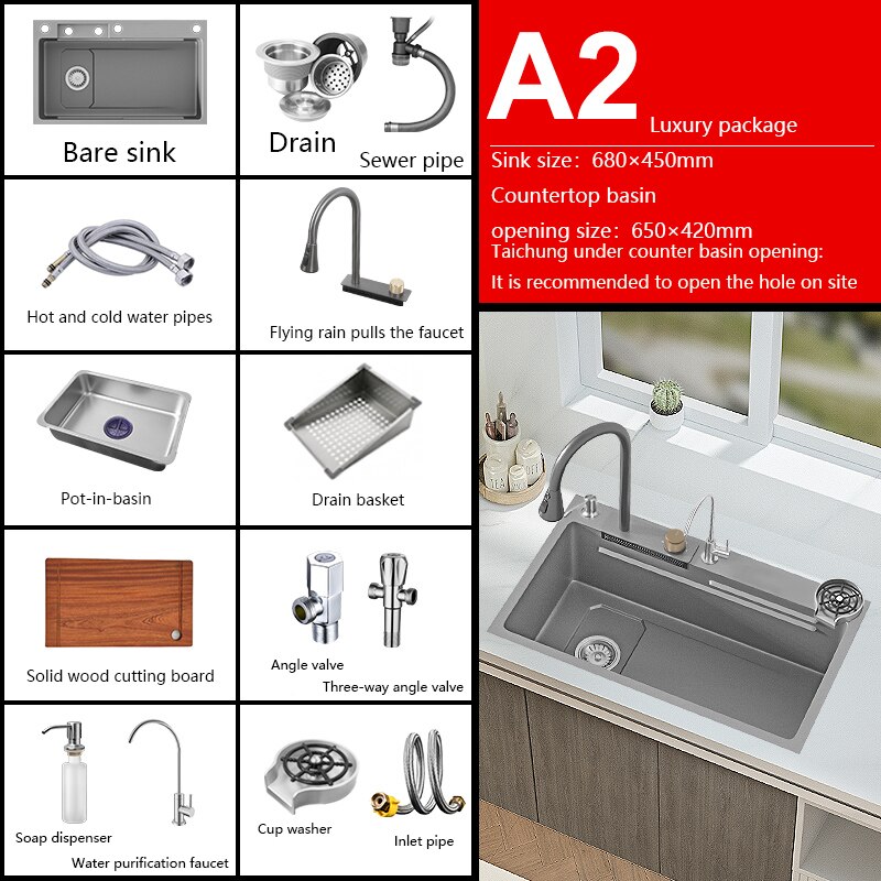 New Grey Nano 304 Stainless Steel Kitchen Sink Waterfall Basin Large Single Slot With Faucet For
