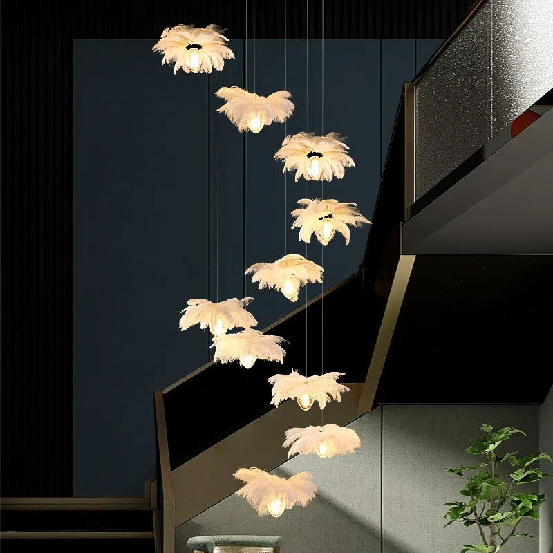 Ava Modern Ostrich Feather Chandelier - Elegant Glass Pendant Light For Staircases And Home Decor