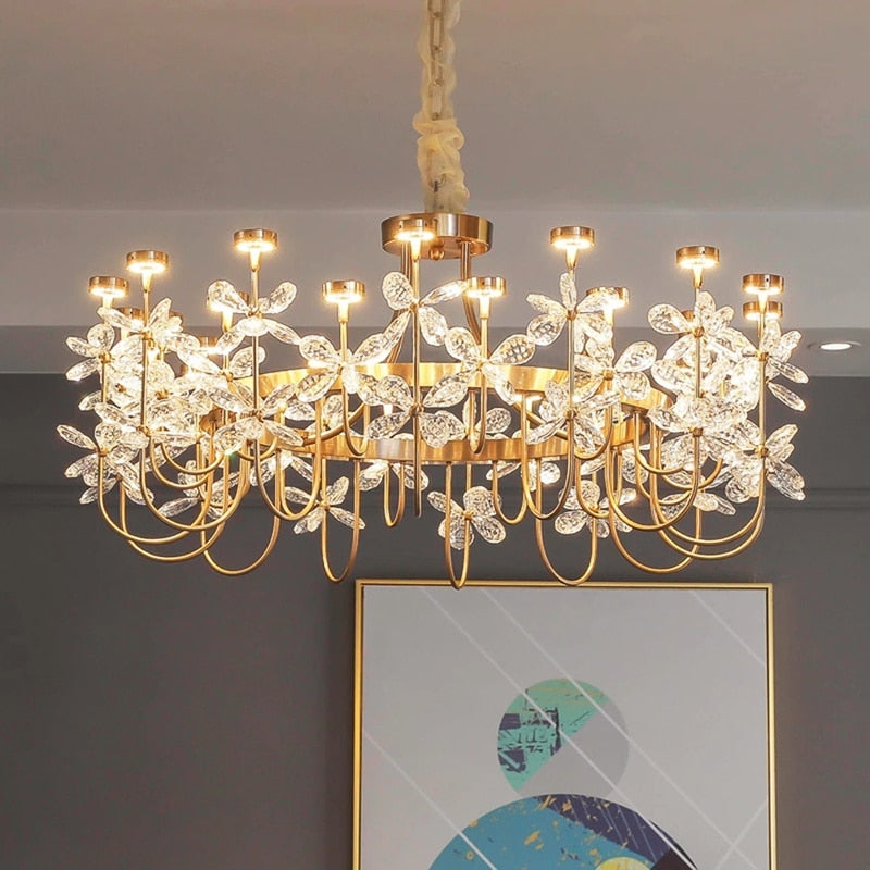 Luxurious Gold Flower Crystal Chandelier - Exquisite Pendant Lighting For Home Decor