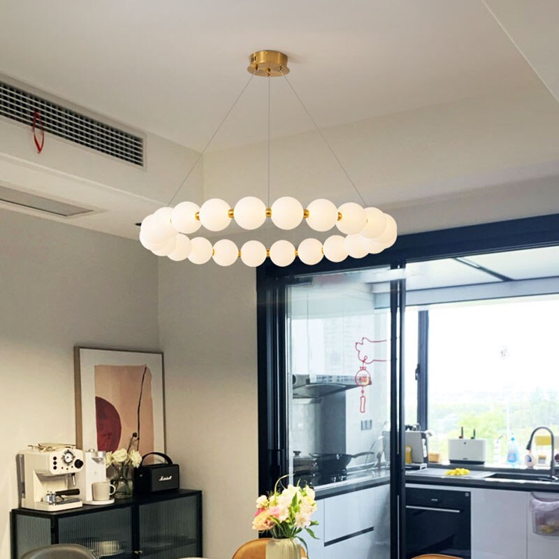 Luxury Copper Led Chandeliers White Acrylic Ball Parlor Hall Hanging Lamp Dining Room Bedroom