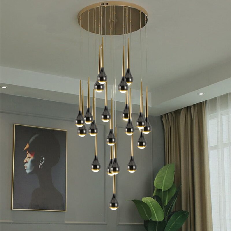 Black Staircase Led Pendant Ligh Modern Living Room Loft Hanging Lamp Villa Hotel Apartment Long