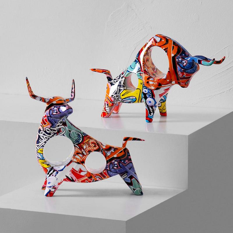 Bull Statue Resin Graffiti Full Color Minimalistic Decor Figurine Creative Abstract Sculpture
