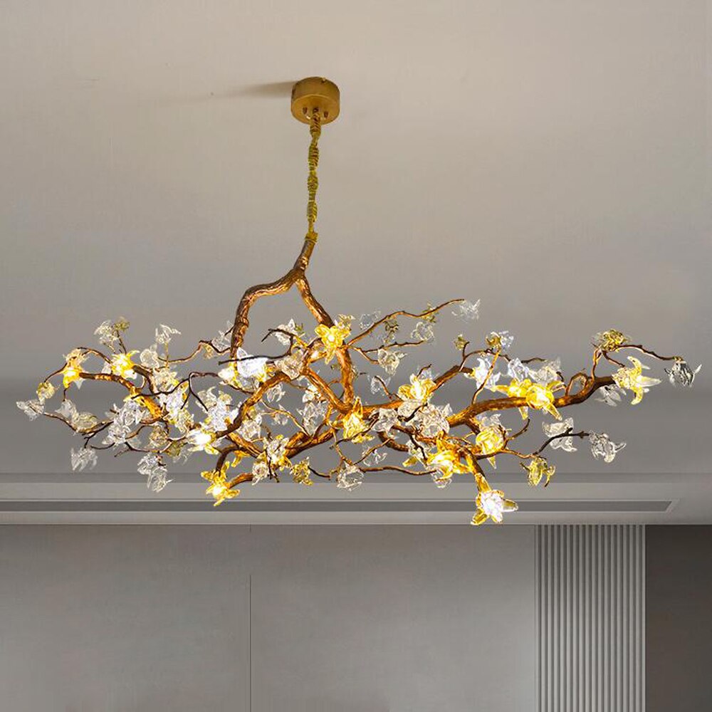 Gold Flower Chandelier - Luxury Copper Lamp With Art Glass Modern Led Lighting For Dining Living