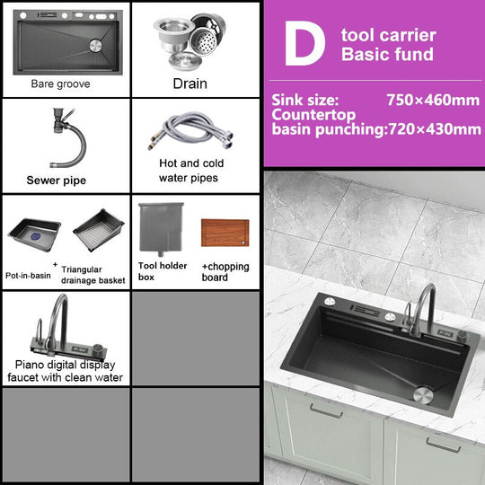 Stainless Steel Kitchen Sink Digital Display Embossed Waterfall Sink Large Single Slot