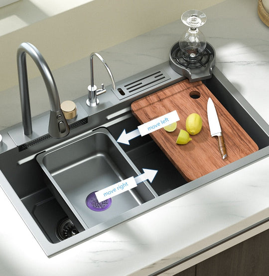 New Grey Nano 304 Stainless Steel Kitchen Sink Waterfall Basin Large Single Slot With Faucet For