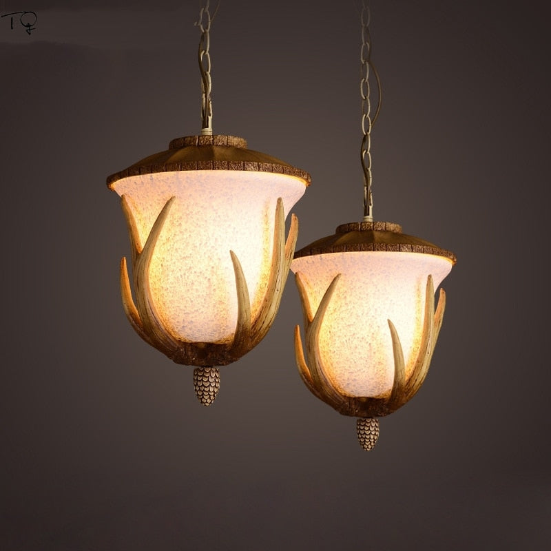 American Country Retro Pine Cone Resin Antler Pendant Light Atmosphere Vintage Hanging Lamp Bedside
