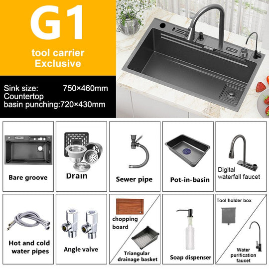 Waterfall Sink Kitchen 304 Stainless Steel Large Single Slot With Multifunction Touch Faucet Above