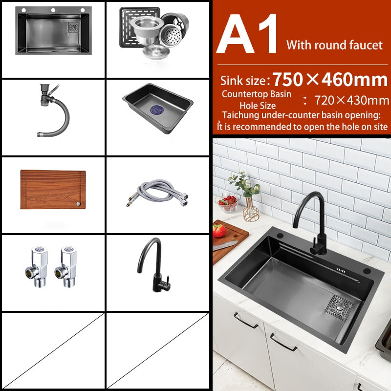 Black Nano Kitchen Sink 304 Stainless Steel Waterfall Basin Large Single Bowl With Multifunction