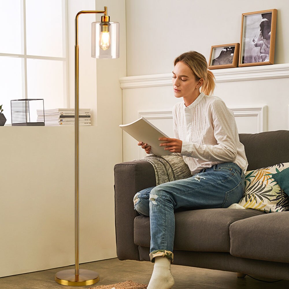Nordic Vertical Metal Led Floor Lamp Glass Shade Brass Pole Arc Tall Lighting For Living Room