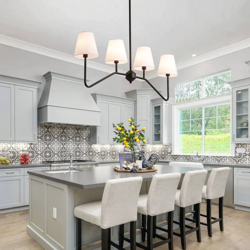 Classic Kitchen Island Chandelier - Polished Gold/Black With White Linen Shades For Bedroom And