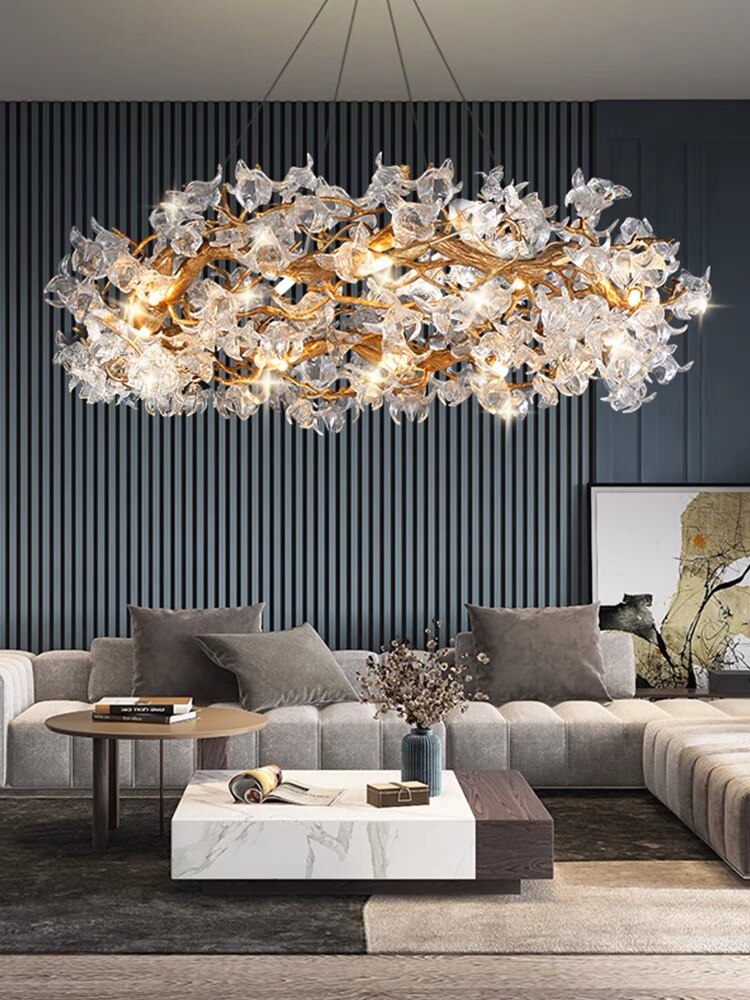 Modern Led Branches Ceiling Chandeliers Glass Crystal Pendant Lamp Handmade Kapok Flower Hanging