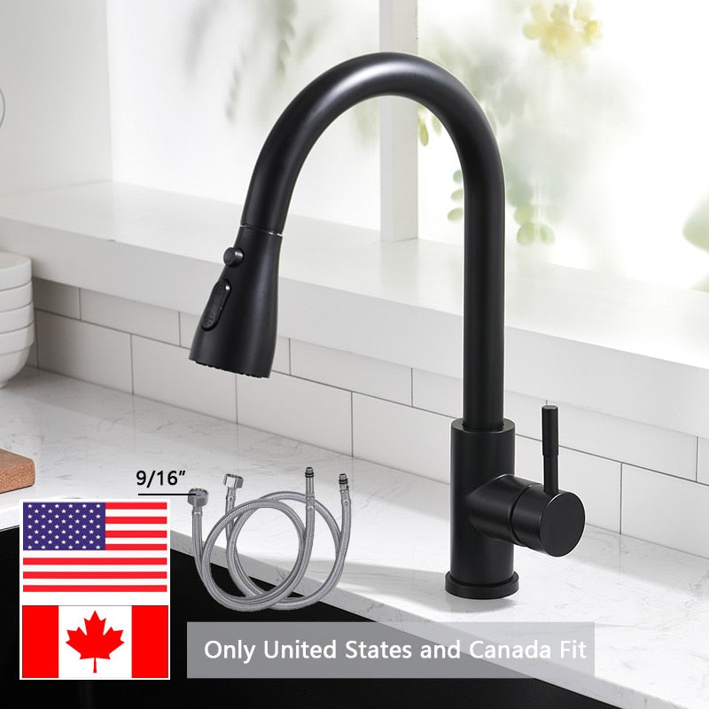 Pull Out Kitchen Sink Faucet With 3 Modes Water Outlet Spout 360 Degree Rotation Matte Black Bar
