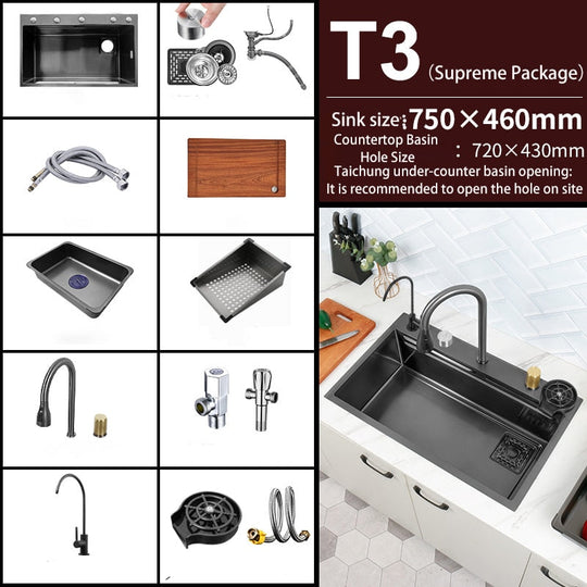 Black Nano Kitchen Sink 304 Stainless Steel Waterfall Basin Large Single Bowl With Multifunction