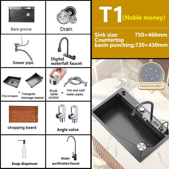 Kitchen Sink Large Single Slot Stainless Steel Waterfall Household Embossed Washing Basin Utensils