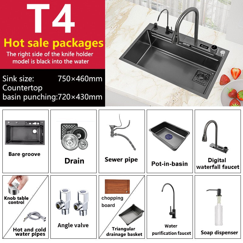 Waterfall Sink Kitchen 304 Stainless Steel Large Single Slot With Multifunction Touch Faucet Above