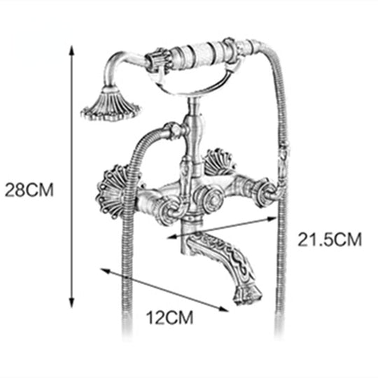 Antique Brass Bathtub Shower Faucets Set Wall Mounted Bath Swivel Tub Spout Dual Control Carved