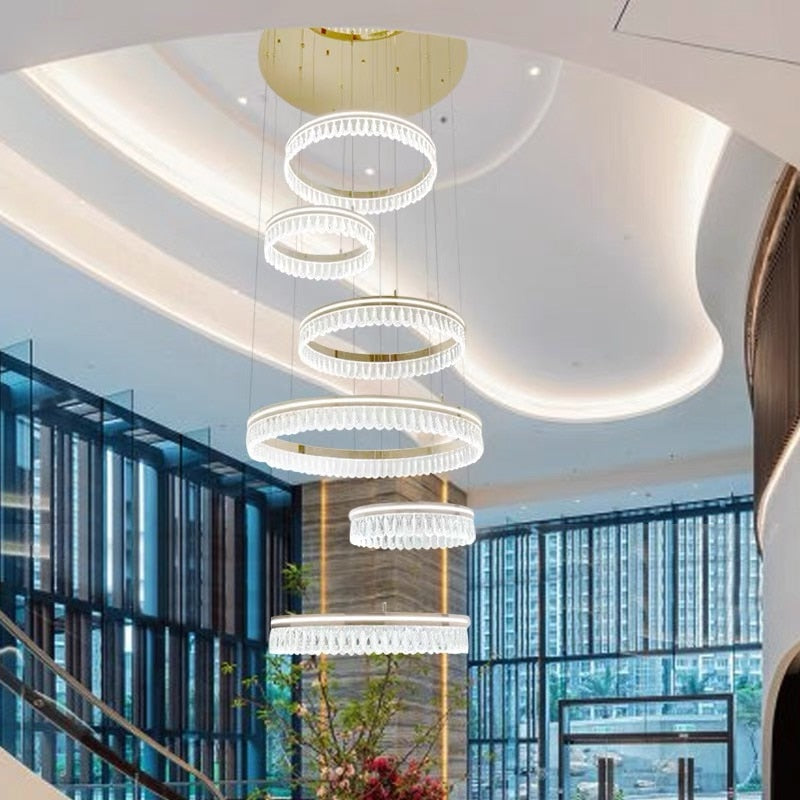 Modern Led K9 Crystal Chandelier 3 / 4 Ring Living Dining Room Hanging Light Circle Pendant Lamp