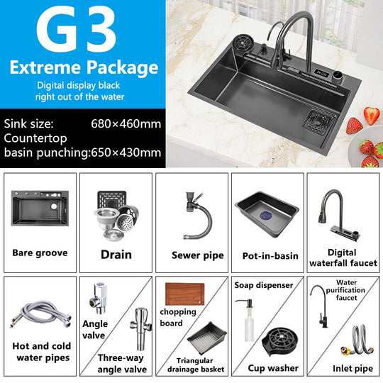 Waterfall Sink Kitchen 304 Stainless Steel Large Single Slot With Multifunction Touch Faucet Above