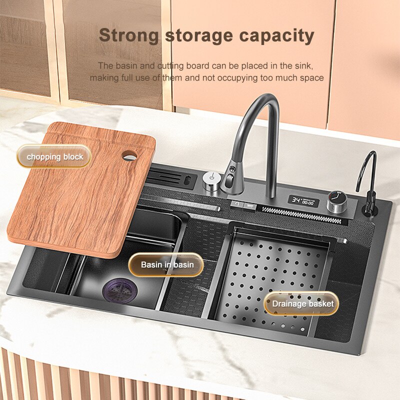Kitchen Sink Large Single Slot Stainless Steel Waterfall Household Embossed Washing Basin Utensils