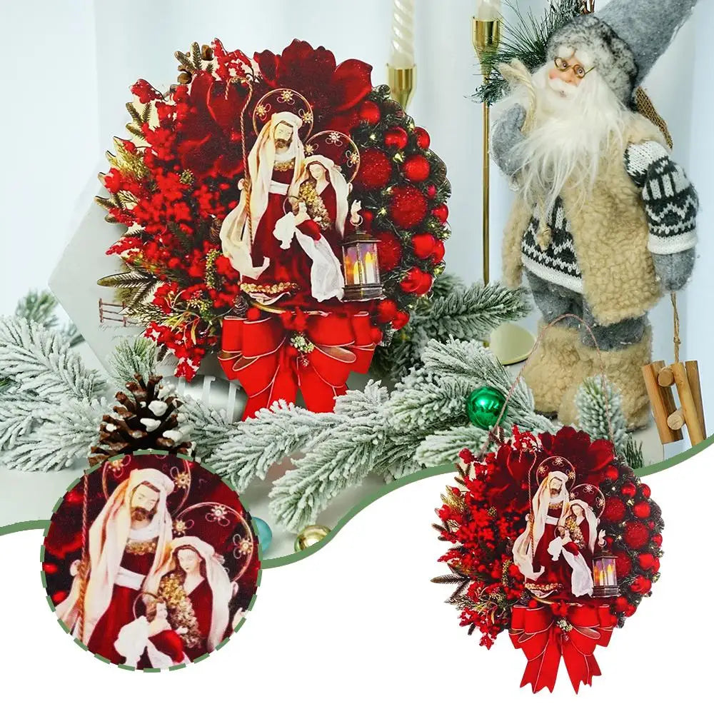 Christmas Nativity Holy Family Wreath With Artificial Berries Greenery Bow Jesus Christ Hanging