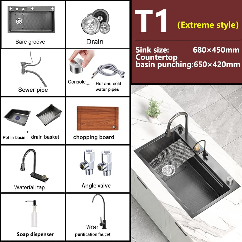 Waterfall Kitchen Sink Stainless Steel Embossed Washbasin Large Single Slot Left Drain