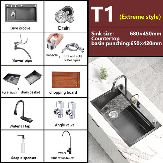 Waterfall Kitchen Sink Stainless Steel Embossed Washbasin Large Single Slot Left Drain