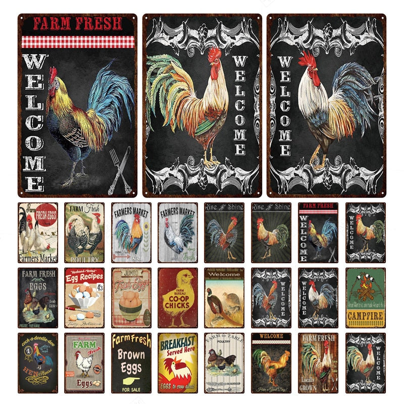 Vintage Chicken And Fresh Eggs Tin Sign: Farmhouse Kitchen Farm Wall Art Decor Painting