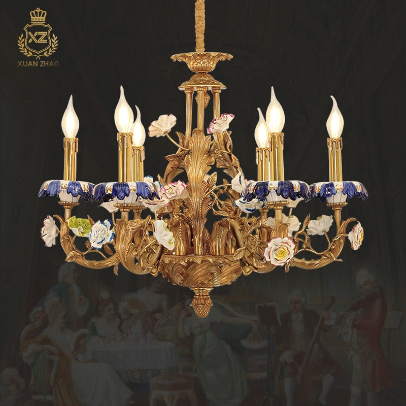French Copper Chandelier Living Room Bedroom Lamp European Style Palace Club Villa Candle Ceramic