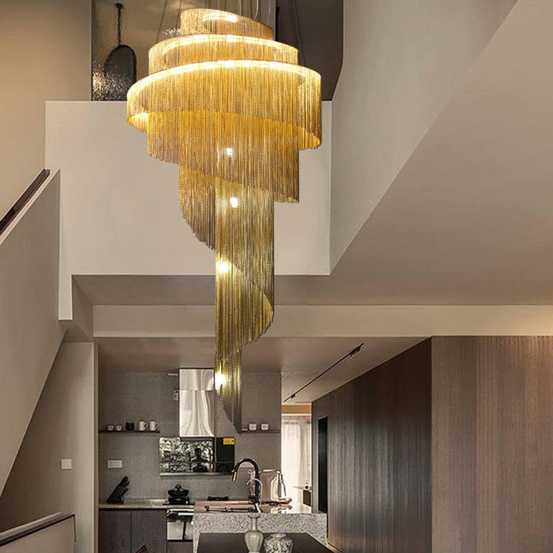 Nordic Duplex Building Staircase Lamp Long Chandelier Hollow Aluminum Chain Tassel For Villa Luxury