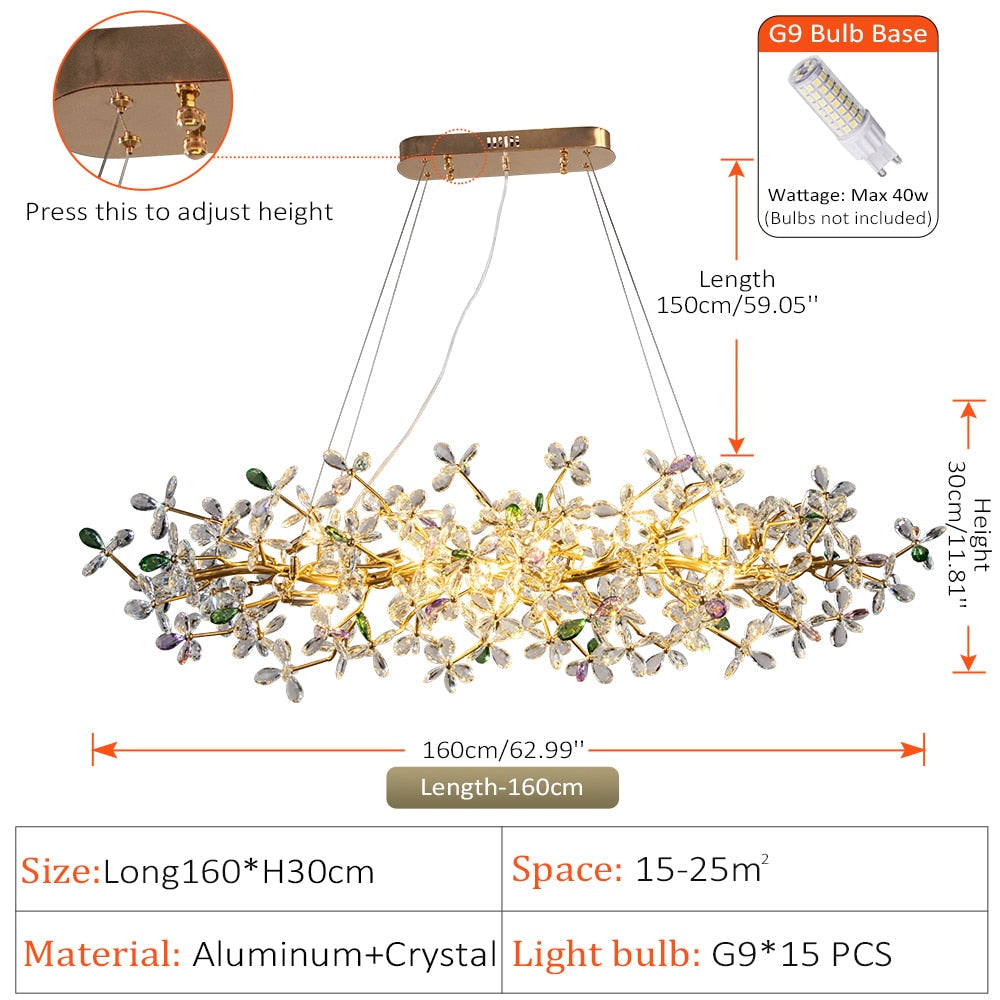 Liana French Crystal Gold Pendant Lamp For Dining &amp; Villas Long 160Cm / White Light 6000K Chandelier