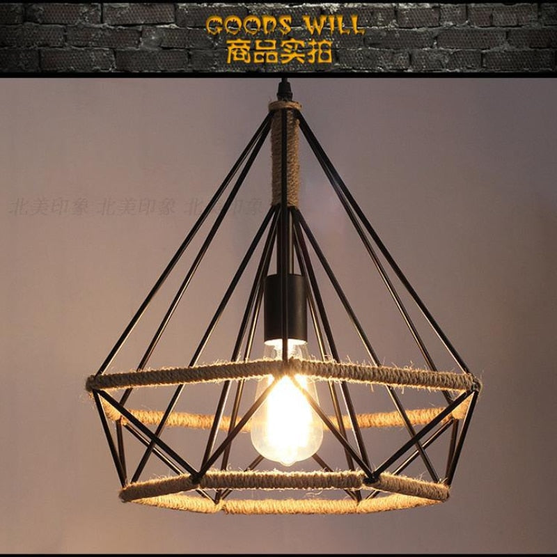 Retro Industrial Chandelier Russian Attic Cage Diamond - Shaped Hemp Rope Dining Room Living