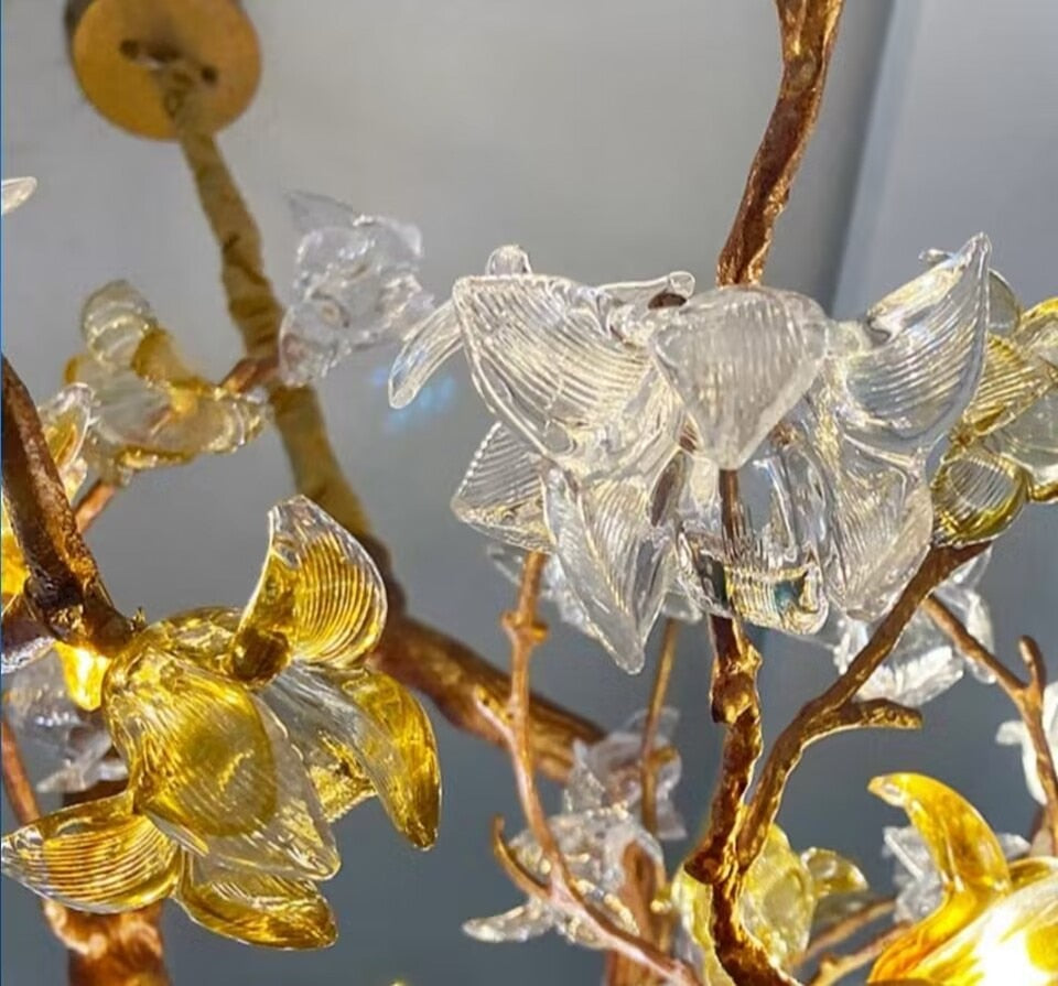 Gold Flower Chandelier - Luxury Copper Lamp With Art Glass Modern Led Lighting For Dining Living