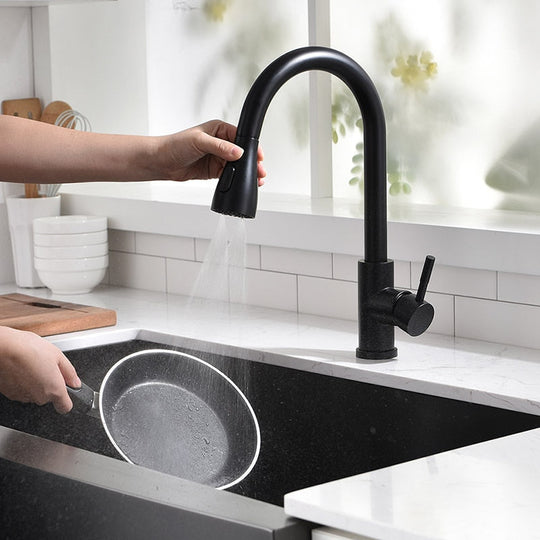 Pull Out Kitchen Sink Faucet With 3 Modes Water Outlet Spout 360 Degree Rotation Matte Black Bar