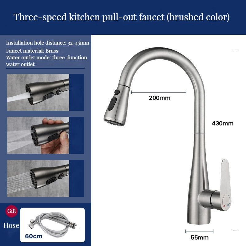 Brass Kitchen Faucets Pull Out Spout Mixer Taps Hot Cold Water Accessories Deck Mounted Stream
