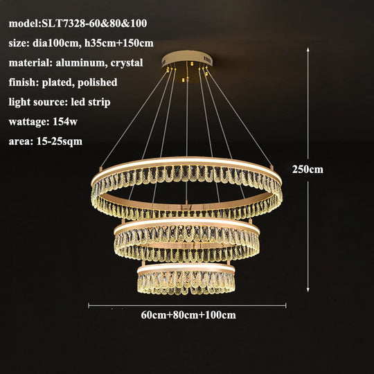 Modern Led K9 Crystal Chandelier 3 / 4 Ring Living Dining Room Hanging Light Circle Pendant Lamp