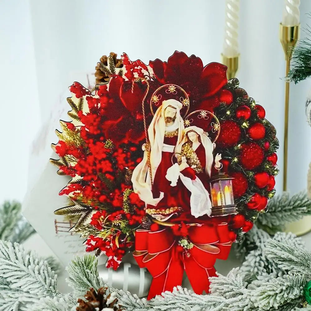 Christmas Nativity Holy Family Wreath With Artificial Berries Greenery Bow Jesus Christ Hanging