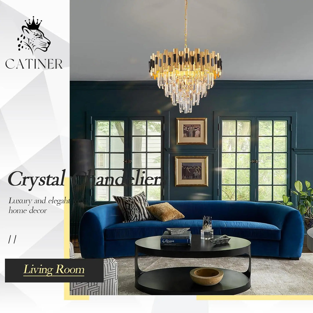 Crystal Chandeliers Black And Gold Large 20” Round Chandelier For Dining Room Luxury Ceiling