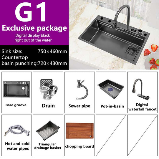 Waterfall Sink Kitchen 304 Stainless Steel Large Single Slot With Multifunction Touch Faucet Above