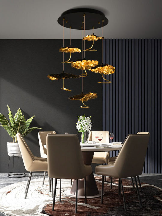 Modern Copper Lotus Staircase Led Chandelier Luxury Large Leaf Villa Stair Lighting Fixtures