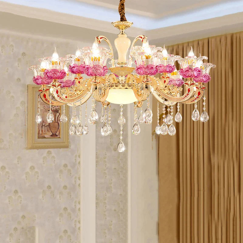 Luxurious European Crystal Flower Chandelier - French Villa Style Candle Lighting For Living And