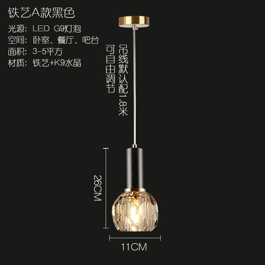 Nordic Crystal Hanging Light Bedroom Bedside Chandelier For Dining Room Living Fixture A - Black /