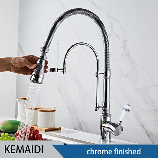Golden Spring Pull Down Kitchen Sink Faucet Hot &amp; Cold Water Mixer Crane Tap With Dual Spout Deck