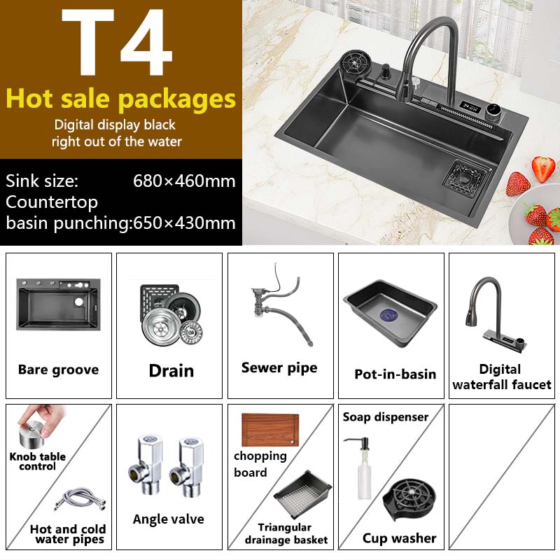 Waterfall Sink Kitchen 304 Stainless Steel Large Single Slot With Multifunction Touch Faucet Above