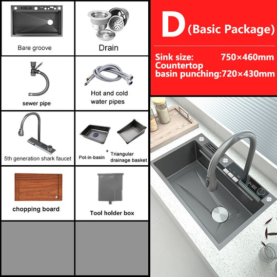 Stainless Steel Waterfall Kitchen Sink Digital Display Embossed Large Single - Slot Multifunctional