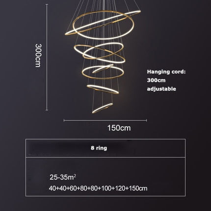 Art Deco Led Stainless Steel Golden Silver Ring Hanging Lamps Lustre Pendant Light 8 Ring / Gold