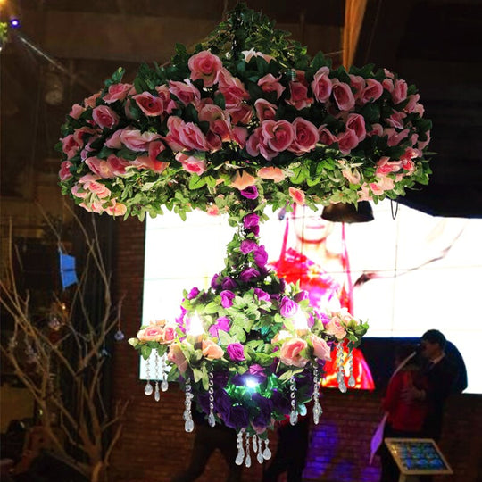 Simulation Flower Chandelier Theme Restaurant Wine Market Double Rose Crystal Chain Romantic